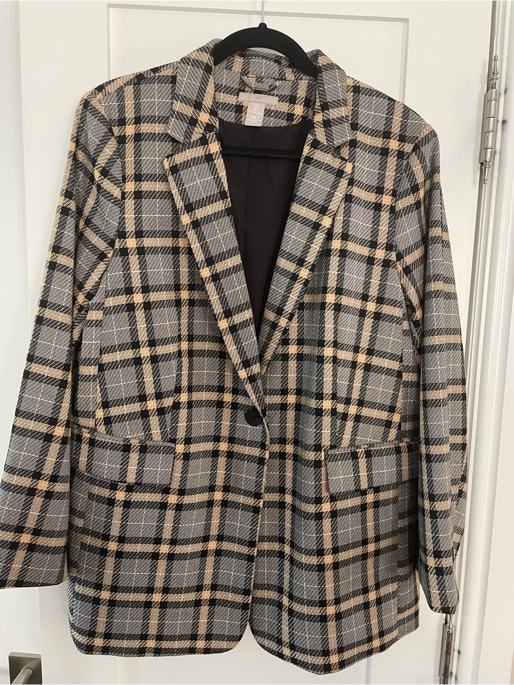 H&M Plaid Single-Button Blazer in Black, Cream & Gray